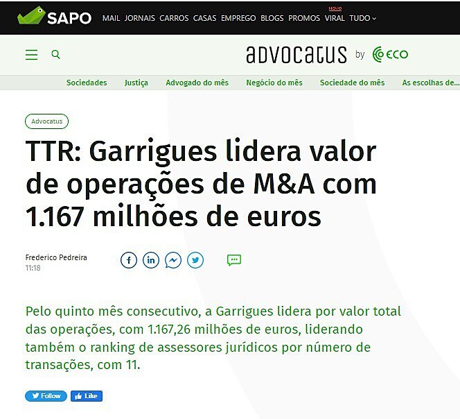 TTR: Garrigues lidera valor de operaes de M&A com 1.167 milhes de euros
